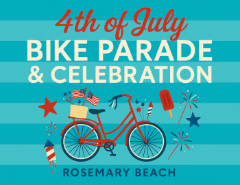 illustrated image of a bike and patriotic fourth of july icons like fireworks