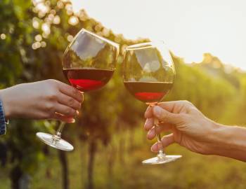 two wine glasses clinking together