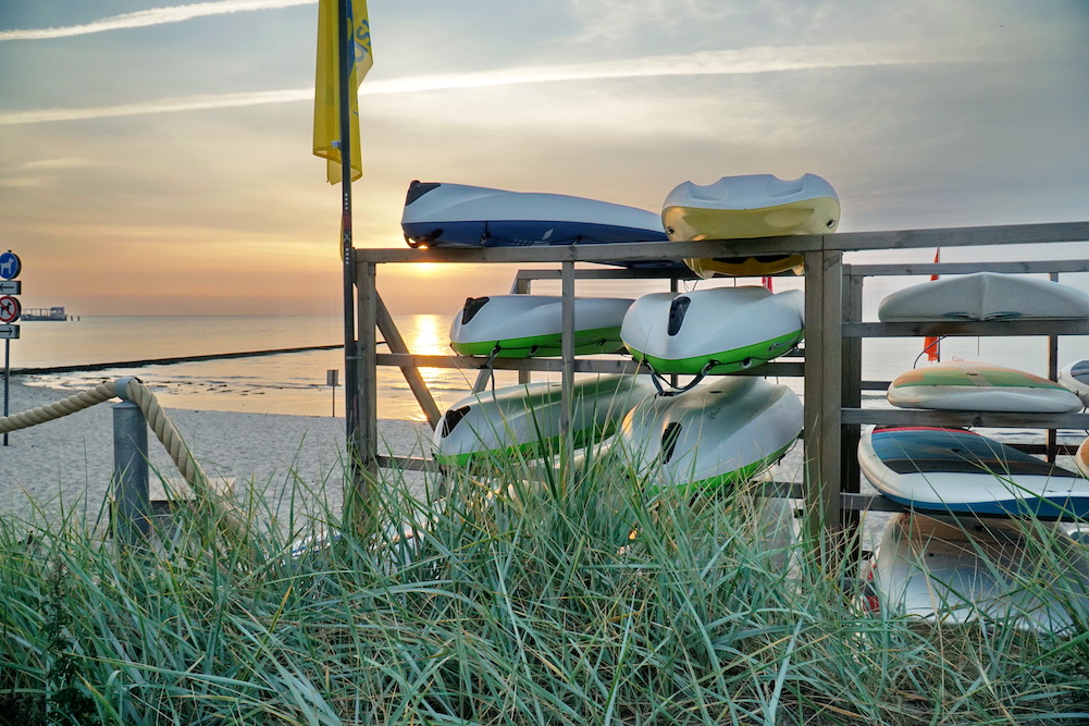 boogie boards, surf boards and paddle boards on a rack at the beach