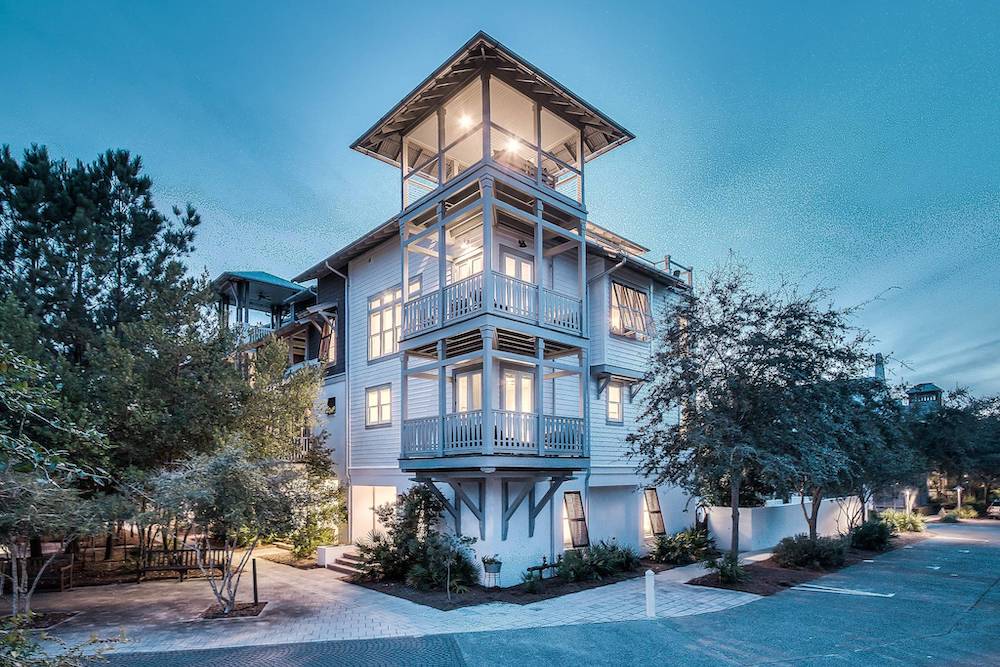 exterior view of large white beach house in Rosemary Beach in 30A